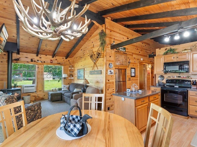 26803 Pelican Beach Rd, Merrifield, MN 56465 - dining space with wood walls, a wood stove, wooden ceiling, a chandelier, and cooling unit
