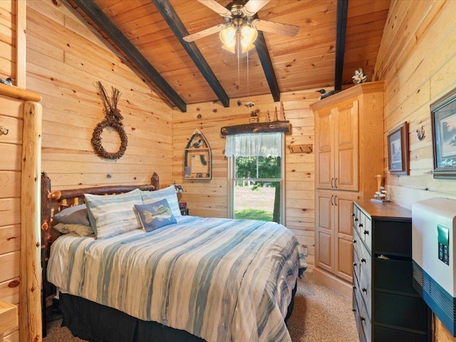 26803 Pelican Beach Rd, Merrifield, MN 56465 - bedroom featuring wood walls, wooden ceiling, and light carpet