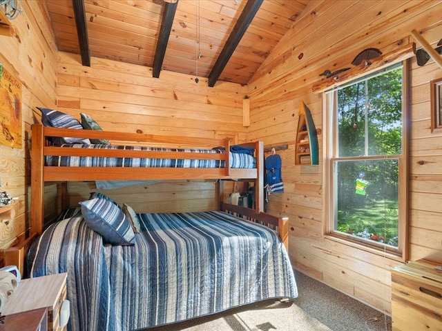 26803 Pelican Beach Rd, Merrifield, MN 56465 - carpeted bedroom featuring wooden walls and wooden ceiling