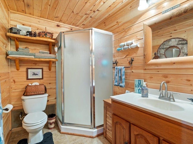 26803 Pelican Beach Rd, Merrifield, MN 56465 - bathroom featuring wooden walls, wooden ceiling, vanity, a shower stall, and tile patterned floors