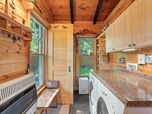 26803 Pelican Beach Rd, Merrifield, MN 56465 - laundry area with heating unit, wood walls, wooden ceiling, washing machine and clothes dryer, and plenty of natural light