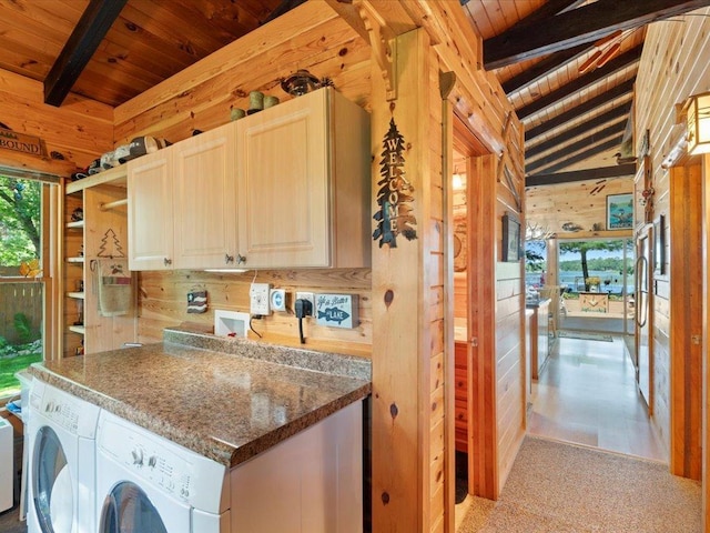 26803 Pelican Beach Rd, Merrifield, MN 56465 - laundry area featuring wood ceiling, cabinet space, wood walls, and separate washer and dryer