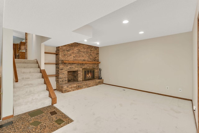 8040 Lea Rd, Bloomington, MN 55438 - unfurnished living room featuring carpet, stairway, a brick fireplace, and recessed lighting