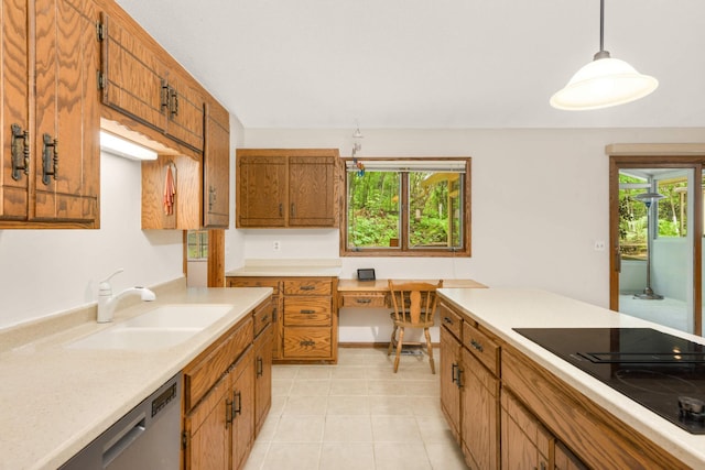 8040 Lea Rd, Bloomington, MN 55438 - kitchen with black electric cooktop, brown cabinetry, light countertops, light tile patterned floors, and decorative light fixtures