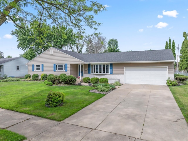 2100 10th St SW, Austin, MN 55912 - ranch-style home with a garage, concrete driveway, a front lawn, brick siding, and a shingled roof