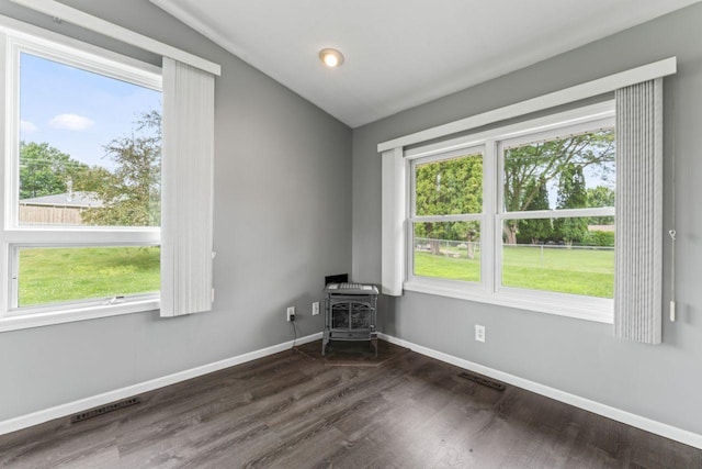 2100 10th St SW, Austin, MN 55912 - unfurnished room featuring a wood stove, dark wood-style floors, healthy amount of natural light, and vaulted ceiling
