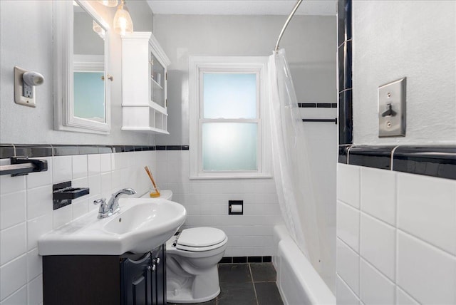 1331 Scheffer Ave, Saint Paul, MN 55116 - bathroom with vanity, shower / bath combination with curtain, tile walls, and tile patterned floors