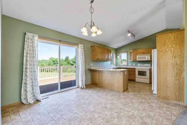30354 118th St, Baldwin Twp, MN 55371 - kitchen featuring white appliances, vaulted ceiling, a peninsula, a chandelier, and light countertops