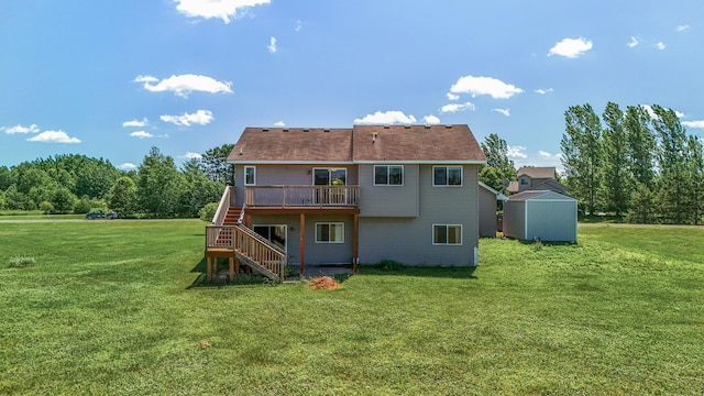 30354 118th St, Baldwin Twp, MN 55371 - rear view of property with stairway, a deck, a lawn, and a storage shed