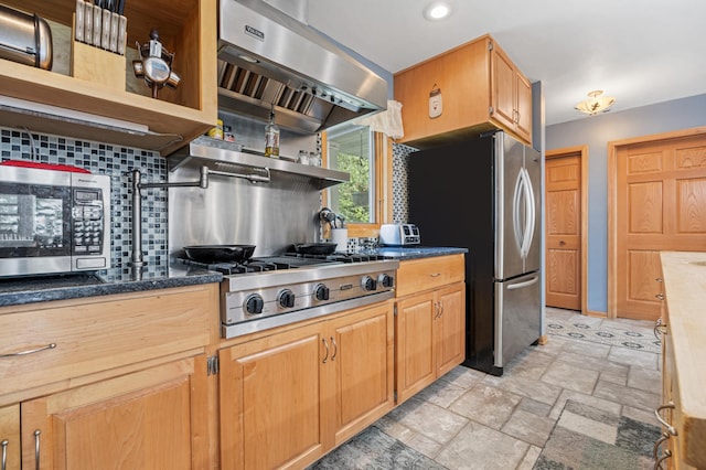 36773 Rose Lake Rd, Hobart Twp, MN 56544 - kitchen featuring ventilation hood, open shelves, stainless steel appliances, decorative backsplash, and light stone finish floors