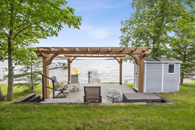 36773 Rose Lake Rd, Hobart Twp, MN 56544 - view of patio with a water view, a pergola, and a storage shed