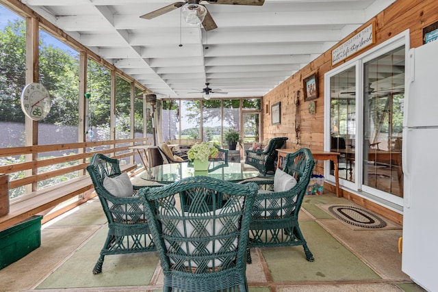 3599 210th St E, Vermillion Twp, MN 55024 - sunroom featuring ceiling fan, beam ceiling, and outdoor dining area
