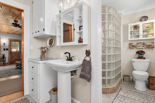 3599 210th St E, Vermillion Twp, MN 55024 - full bathroom with ceiling fan, wood ceiling, a shower, and ornamental molding