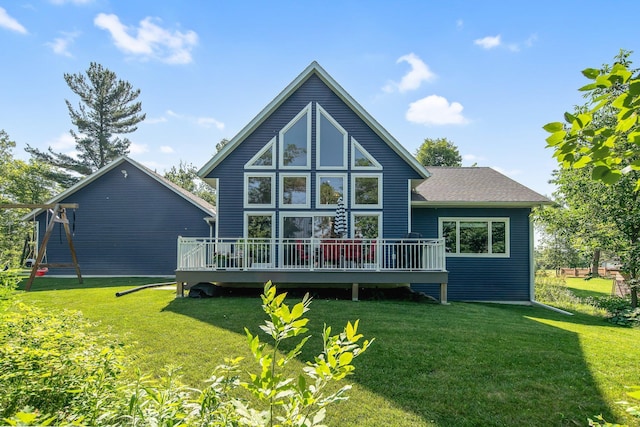 18465 Lake Ln, Chengwatana Twp, MN 55063 - rear view of property with a deck and a lawn