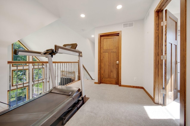 18465 Lake Ln, Chengwatana Twp, MN 55063 - exercise room featuring carpet floors, plenty of natural light, and recessed lighting