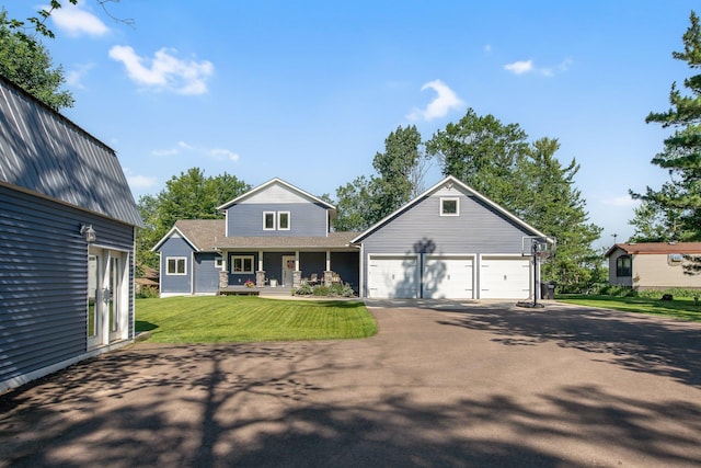 18465 Lake Ln, Chengwatana Twp, MN 55063 - traditional-style house featuring driveway, a front lawn, a porch, a garage, and a shingled roof
