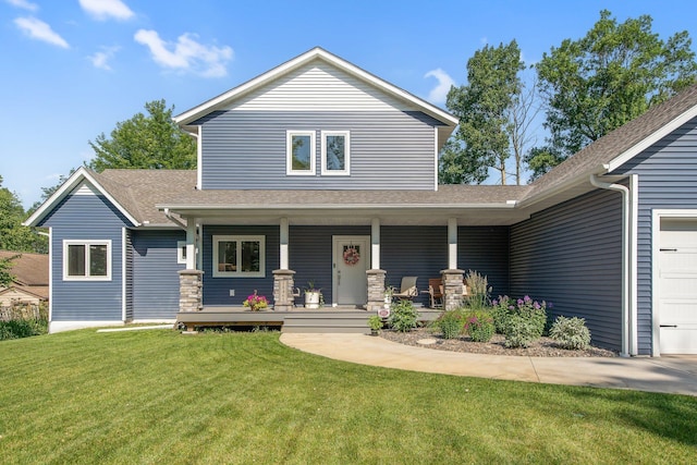 18465 Lake Ln, Chengwatana Twp, MN 55063 - view of front of home featuring covered porch, a front yard, an attached garage, and a shingled roof