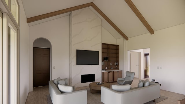5250 Polaris Ln N, Plymouth, MN 55446 - living room featuring beamed ceiling, high vaulted ceiling, and light wood finished floors