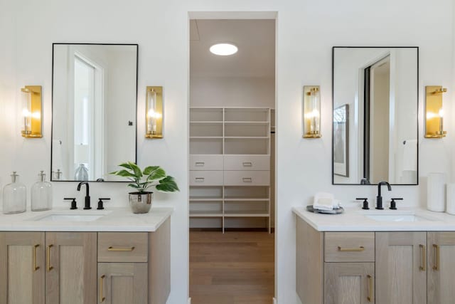 5250 Polaris Ln N, Plymouth, MN 55446 - bathroom featuring two vanities, wood finished floors, and a walk in closet