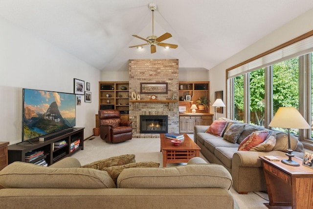 10910 38th Ave N, Plymouth, MN 55441 - living area with a ceiling fan, light colored carpet, a brick fireplace, and lofted ceiling