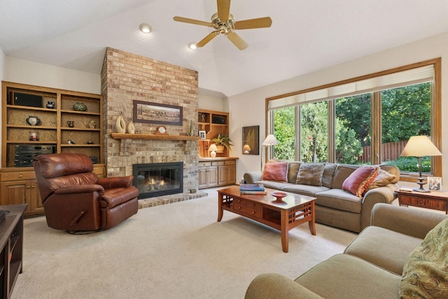 10910 38th Ave N, Plymouth, MN 55441 - living area featuring lofted ceiling, a ceiling fan, light colored carpet, and a fireplace