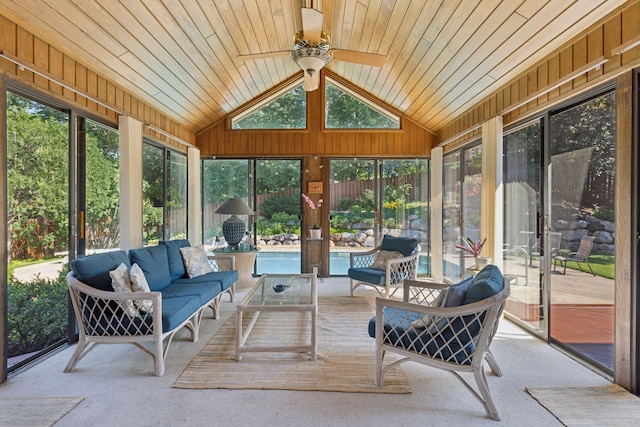 10910 38th Ave N, Plymouth, MN 55441 - sunroom with an outdoor living space, ceiling fan, and vaulted ceiling