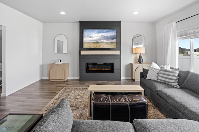 1030 Albert Dr W, West Fargo, ND 58078 - living room featuring wood finished floors, recessed lighting, and a large fireplace