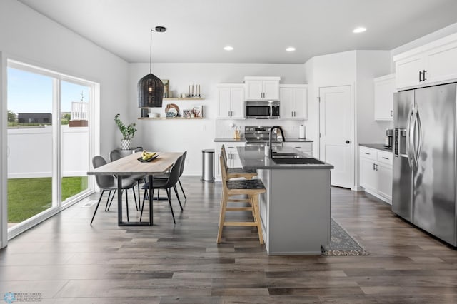 1030 Albert Dr W, West Fargo, ND 58078 - kitchen with stainless steel appliances, plenty of natural light, dark countertops, dark wood-type flooring, and recessed lighting