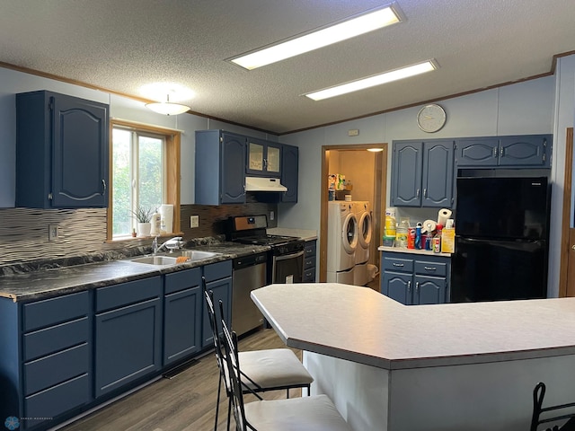 11 Horseshoe Bnd, Horace, ND 58047 - kitchen featuring appliances with stainless steel finishes, independent washer and dryer, dark wood-style floors, lofted ceiling, and under cabinet range hood