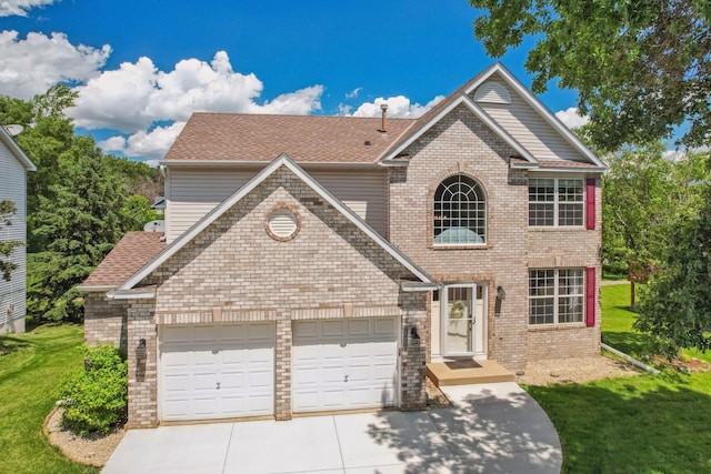 2722 Autumn Woods Dr, Chaska, MN 55318 - traditional-style home featuring an attached garage, concrete driveway, a front lawn, brick siding, and roof with shingles