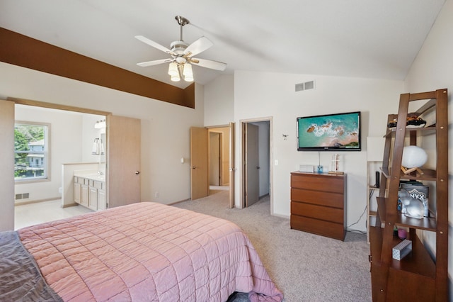 2722 Autumn Woods Dr, Chaska, MN 55318 - bedroom featuring light colored carpet, lofted ceiling, a ceiling fan, and connected bathroom