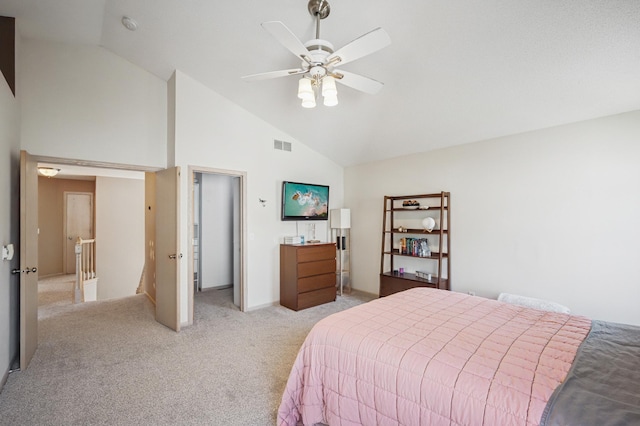 2722 Autumn Woods Dr, Chaska, MN 55318 - bedroom with high vaulted ceiling, light carpet, and ceiling fan