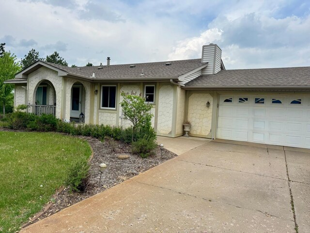 665 148th Ln NW, Andover, MN 55304 - ranch-style home featuring concrete driveway, a garage, a chimney, roof with shingles, and a front lawn