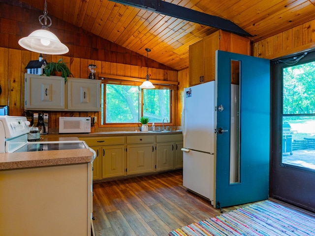 90162 Shady Oak Ln, Kerrick Twp, MN 55756 - kitchen with white appliances, vaulted ceiling, wooden walls, wood finished floors, and wood ceiling