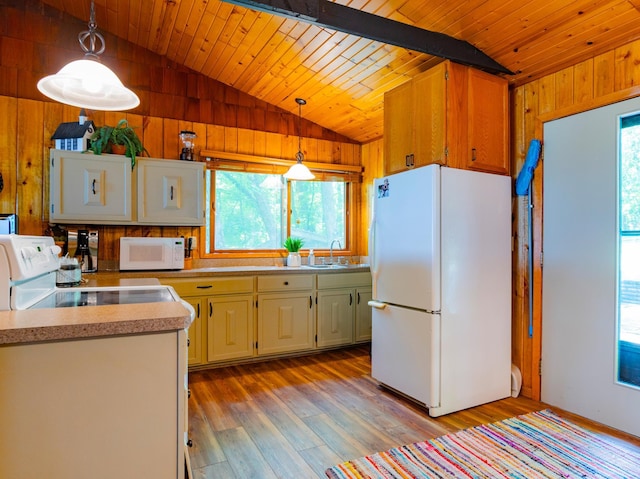 90162 Shady Oak Ln, Kerrick Twp, MN 55756 - kitchen featuring white appliances, lofted ceiling, wood walls, wood finished floors, and light countertops