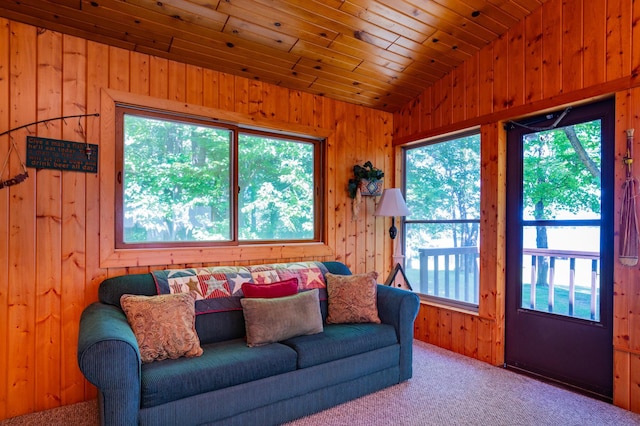 90162 Shady Oak Ln, Kerrick Twp, MN 55756 - carpeted living area featuring lofted ceiling, healthy amount of natural light, and wood walls
