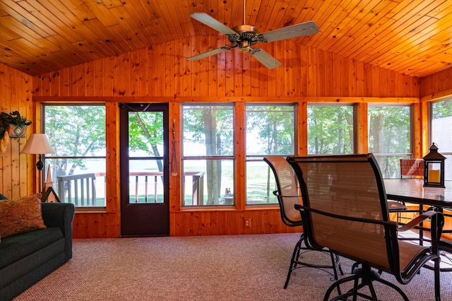 90162 Shady Oak Ln, Kerrick Twp, MN 55756 - sunroom with vaulted ceiling, wooden walls, and carpet