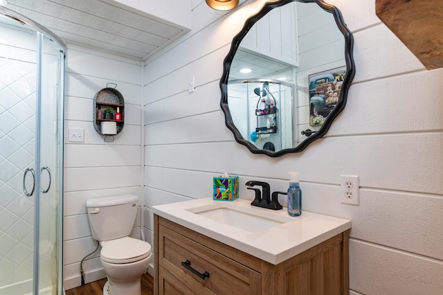 90162 Shady Oak Ln, Kerrick Twp, MN 55756 - bathroom with vanity, a stall shower, and wood finished floors