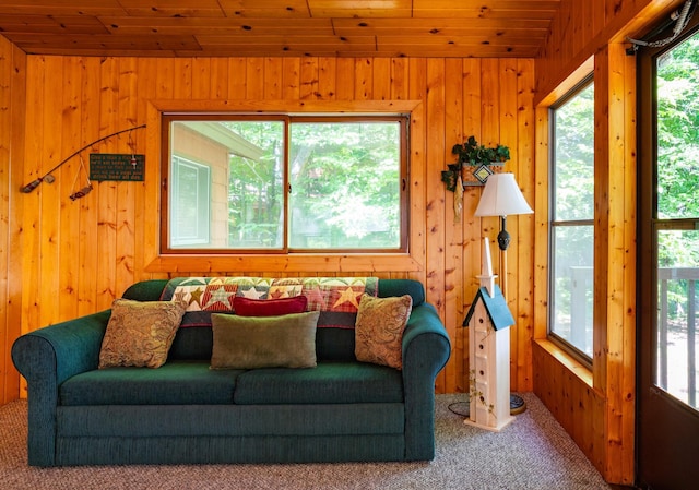 90162 Shady Oak Ln, Kerrick Twp, MN 55756 - carpeted living room with wooden walls, plenty of natural light, and wooden ceiling