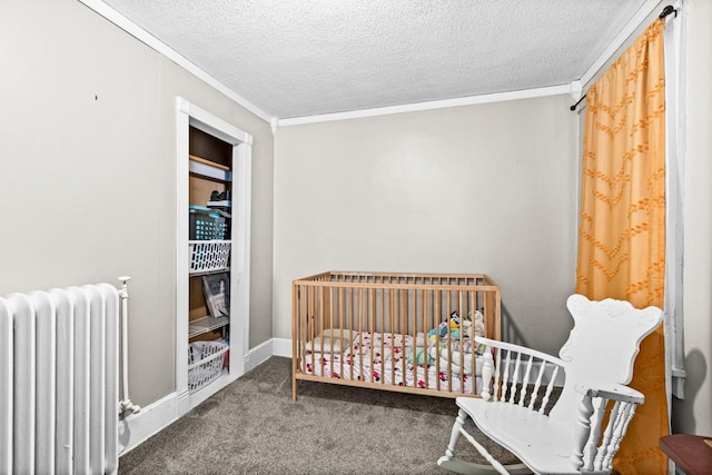 41 9th St, Cloquet, MN 55720 - bedroom featuring radiator, crown molding, a textured ceiling, and carpet floors
