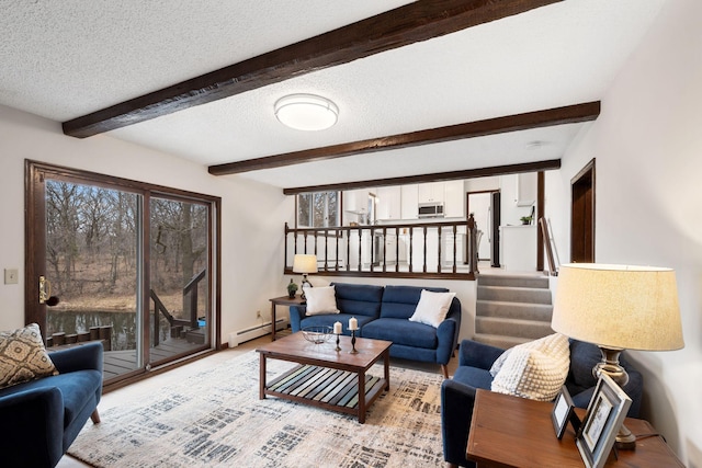 6485 46th Ave SE, Haven Twp, MN 56304 - living room featuring beam ceiling, a textured ceiling, stairs, and a baseboard radiator