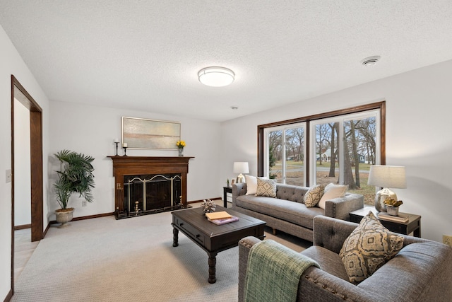 6485 46th Ave SE, Haven Twp, MN 56304 - living area with a textured ceiling, a fireplace, and light colored carpet