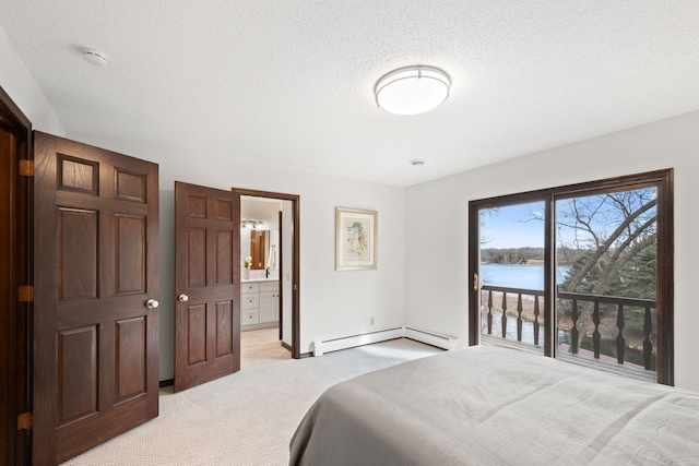 6485 46th Ave SE, Haven Twp, MN 56304 - bedroom with baseboard heating, light carpet, access to exterior, a water view, and ensuite bath