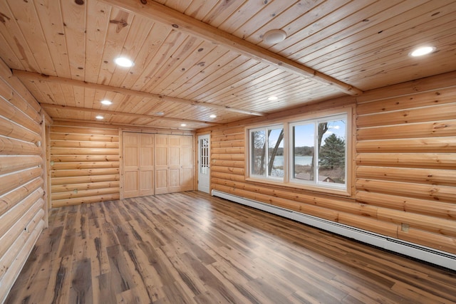 6485 46th Ave SE, Haven Twp, MN 56304 - unfurnished room with a baseboard heating unit, rustic walls, wood ceiling, wood finished floors, and recessed lighting