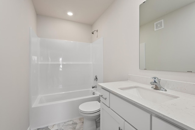 39746 Fallbrook Ave, North Branch, MN 55056 - bathroom featuring vanity, shower / washtub combination, marble look tile flooring, and recessed lighting