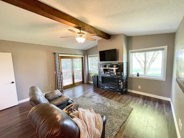 402 Range Rd, Springfield, MN 56087 - living area with plenty of natural light, a textured ceiling, wood finished floors, a fireplace, and ceiling fan