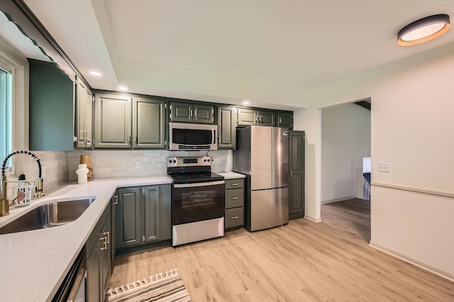 8222 Brandywine Pkwy, Brooklyn Park, MN 55444 - kitchen featuring appliances with stainless steel finishes, light countertops, decorative backsplash, recessed lighting, and light wood-style flooring