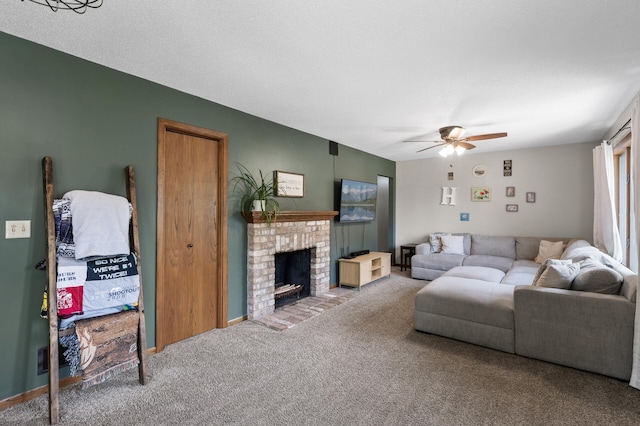1322 Bidwell St, West Saint Paul, MN 55118 - carpeted living area featuring a ceiling fan and a brick fireplace