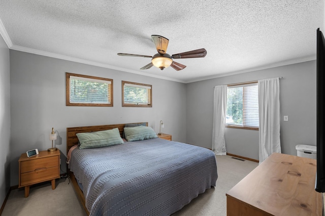 1322 Bidwell St, West Saint Paul, MN 55118 - bedroom with light carpet, crown molding, a ceiling fan, and a textured ceiling