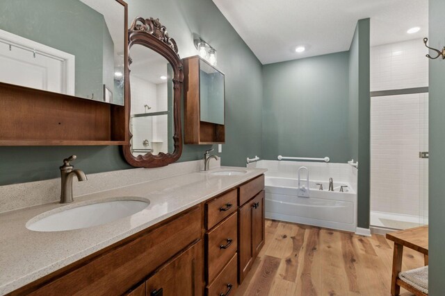 1101 Fabel Ln, Waconia, MN 55387 - bathroom featuring a bath, a stall shower, double vanity, and wood finished floors